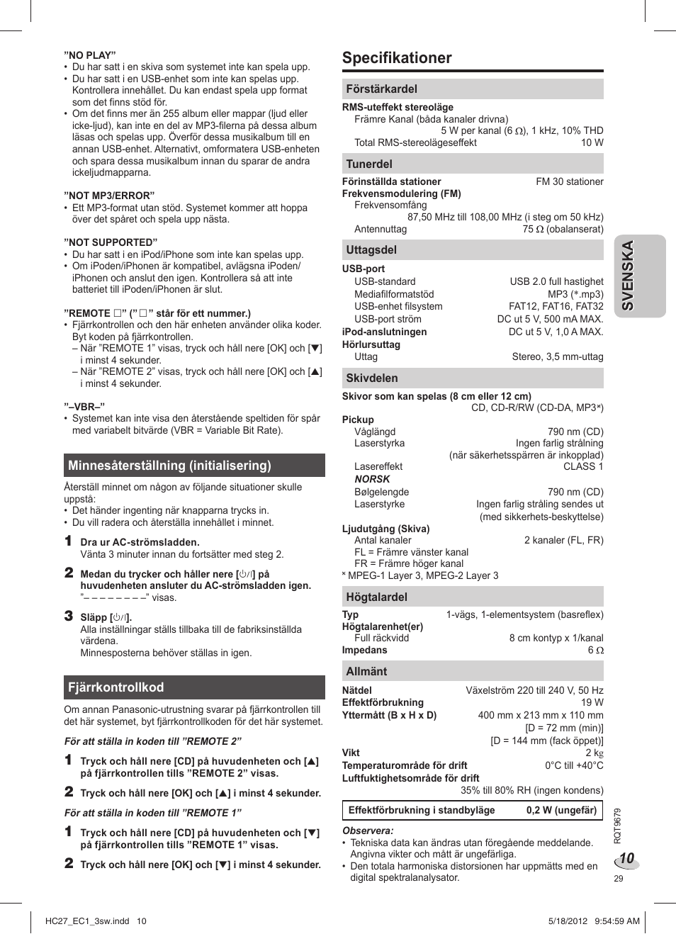 Specifikationer | Panasonic SCHC27 User Manual | Page 29 / 68