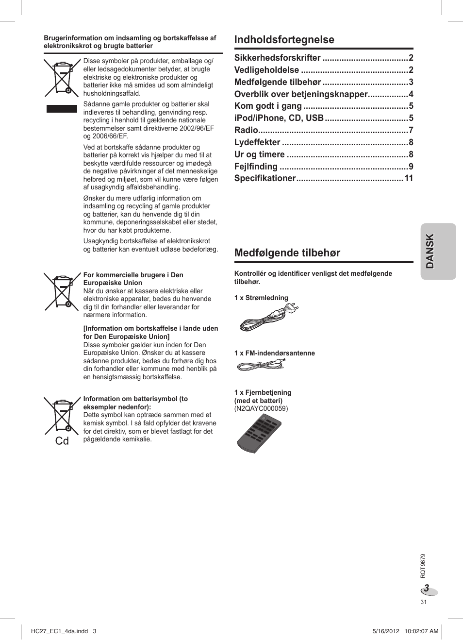 Medfølgende tilbehør, Indholdsfortegnelse | Panasonic SCHC27 User Manual | Page 31 / 68