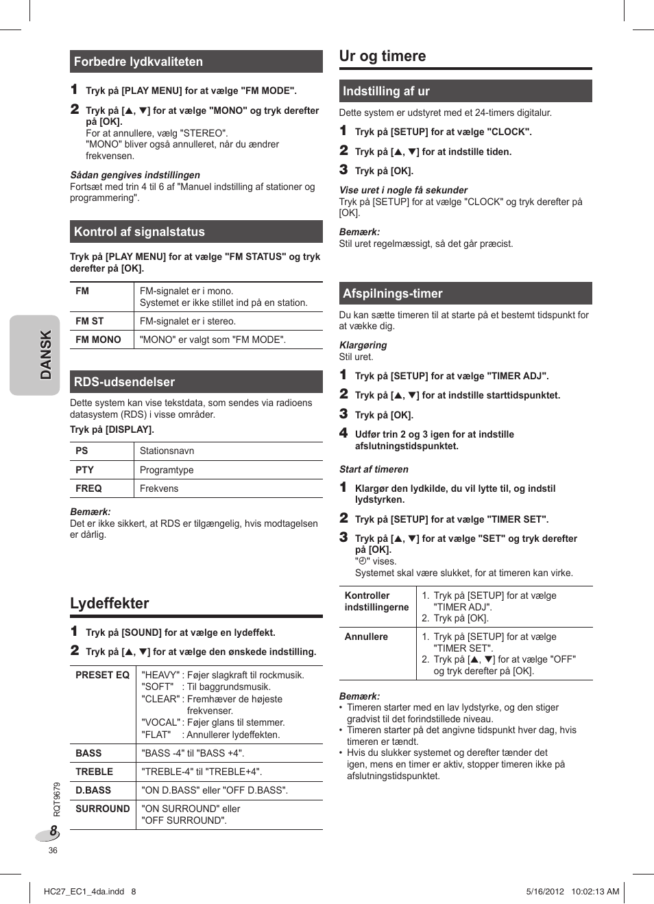 Lydeffekter, Ur og timere | Panasonic SCHC27 User Manual | Page 36 / 68
