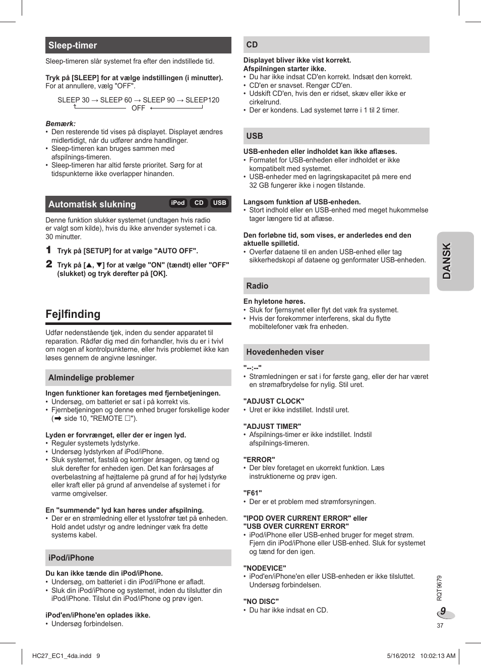 Fejlfinding | Panasonic SCHC27 User Manual | Page 37 / 68