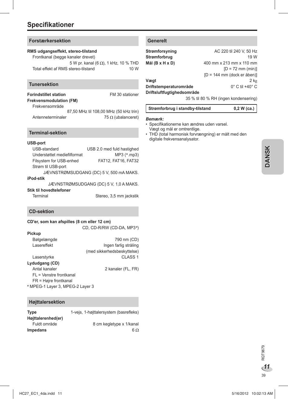 Specifikationer | Panasonic SCHC27 User Manual | Page 39 / 68