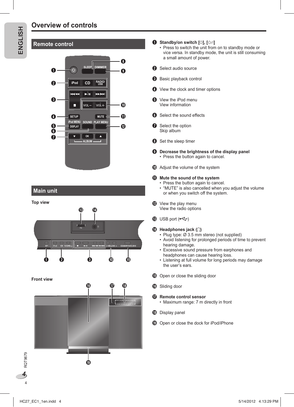 Overview of controls, En g l is h english, Remote control | Main unit | Panasonic SCHC27 User Manual | Page 4 / 68