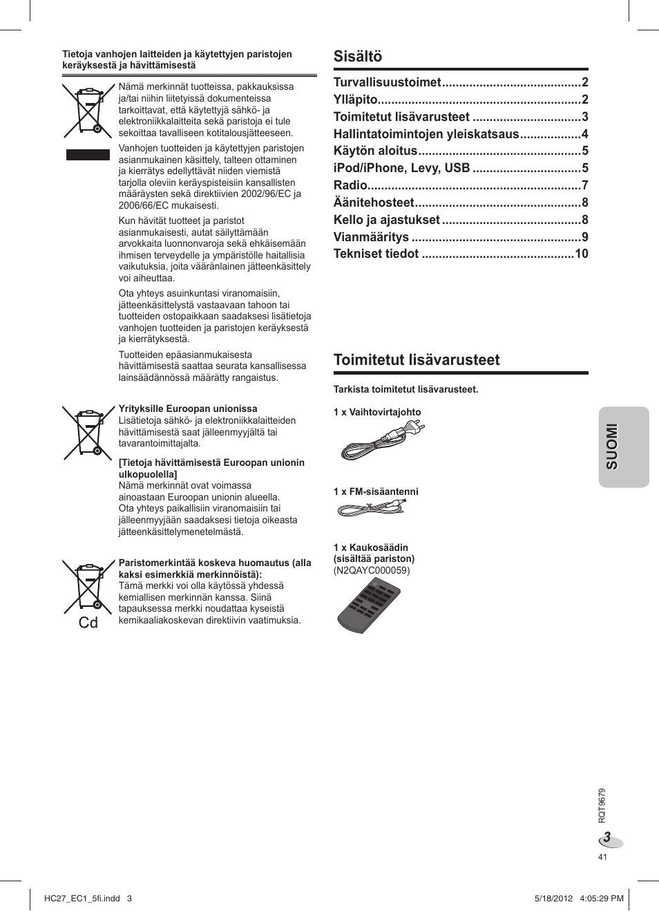 Sisältö, Toimitetut lisävarusteet | Panasonic SCHC27 User Manual | Page 41 / 68
