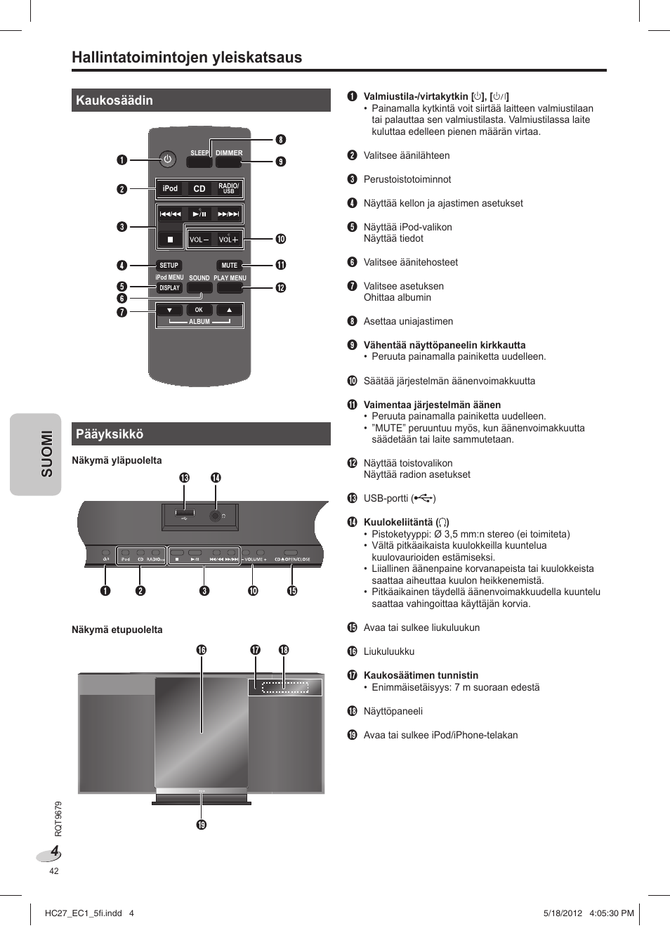 Hallintatoimintojen yleiskatsaus, Kaukosäädin, Pääyksikkö | Panasonic SCHC27 User Manual | Page 42 / 68