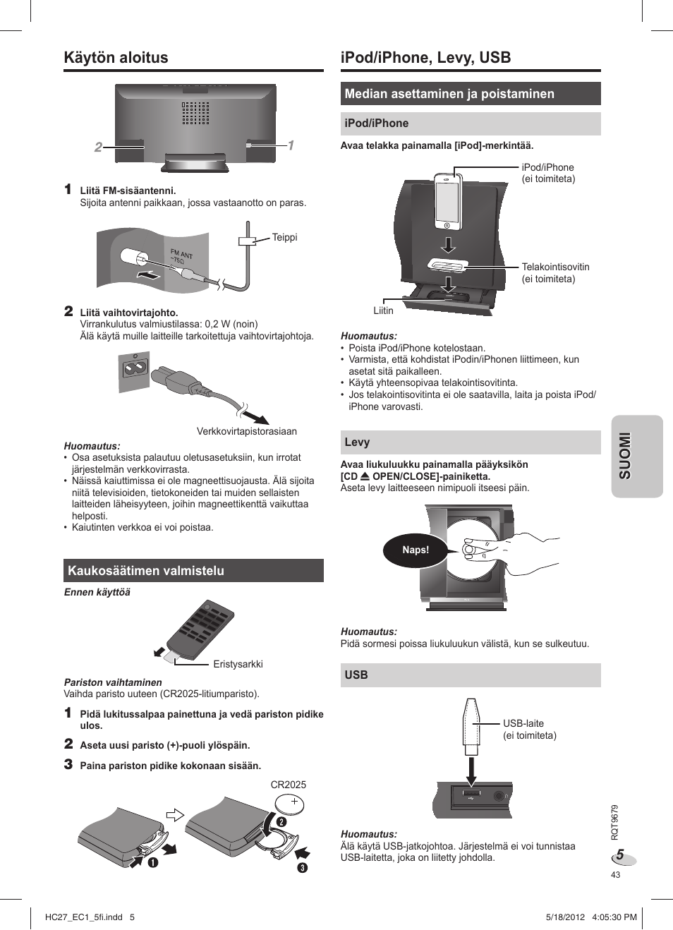 Ipod/iphone, levy, usb, Käytön aloitus | Panasonic SCHC27 User Manual | Page 43 / 68
