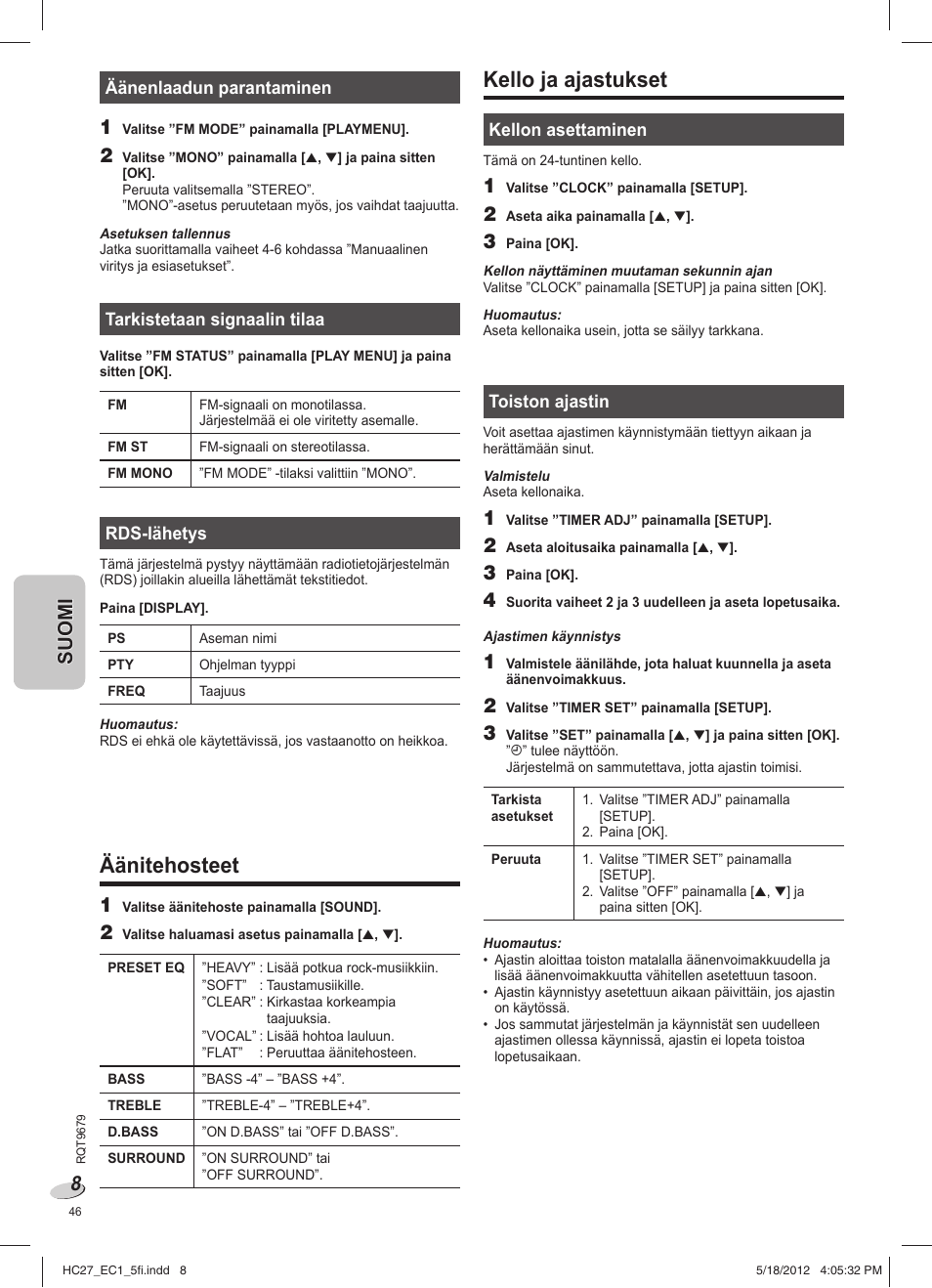 Äänitehosteet, Kello ja ajastukset | Panasonic SCHC27 User Manual | Page 46 / 68