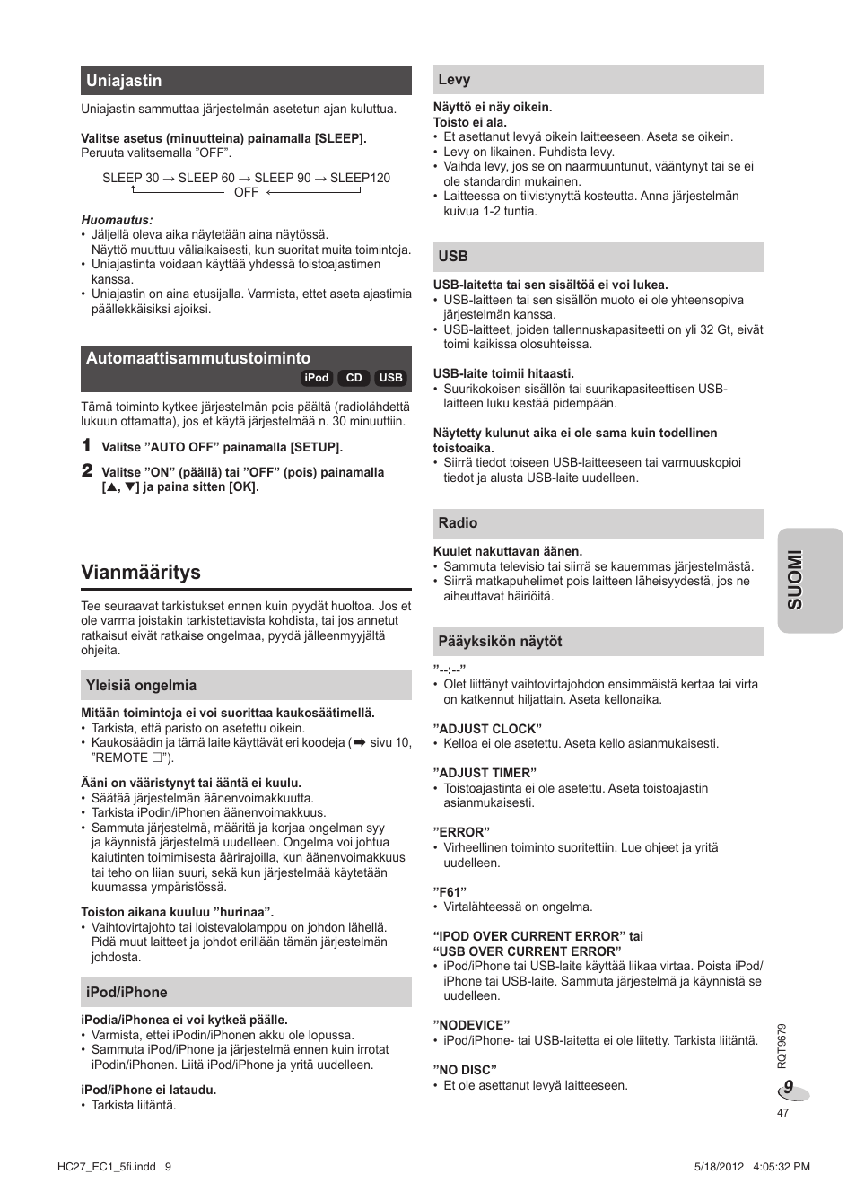 Vianmääritys | Panasonic SCHC27 User Manual | Page 47 / 68