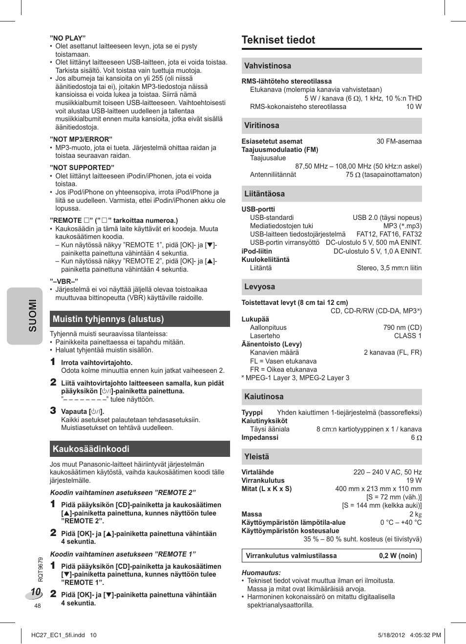 Tekniset tiedot | Panasonic SCHC27 User Manual | Page 48 / 68