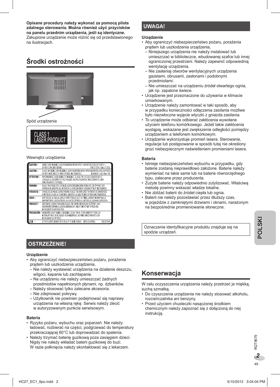 Sc-hc27ec_rqt9679-1e_6po, Środki ostrożności, Konserwacja | Panasonic SCHC27 User Manual | Page 49 / 68