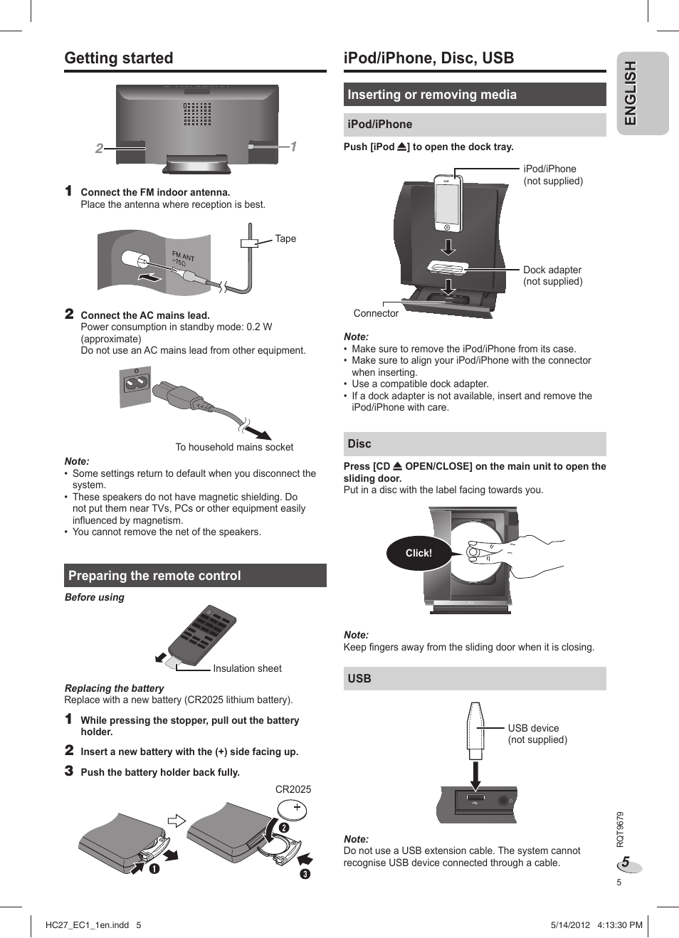 Ipod/iphone, disc, usb, Getting started, En g l is h english | Panasonic SCHC27 User Manual | Page 5 / 68