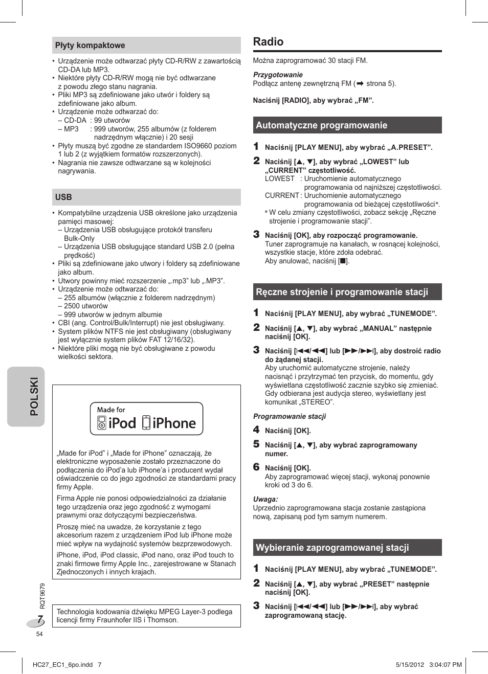 Radio | Panasonic SCHC27 User Manual | Page 54 / 68