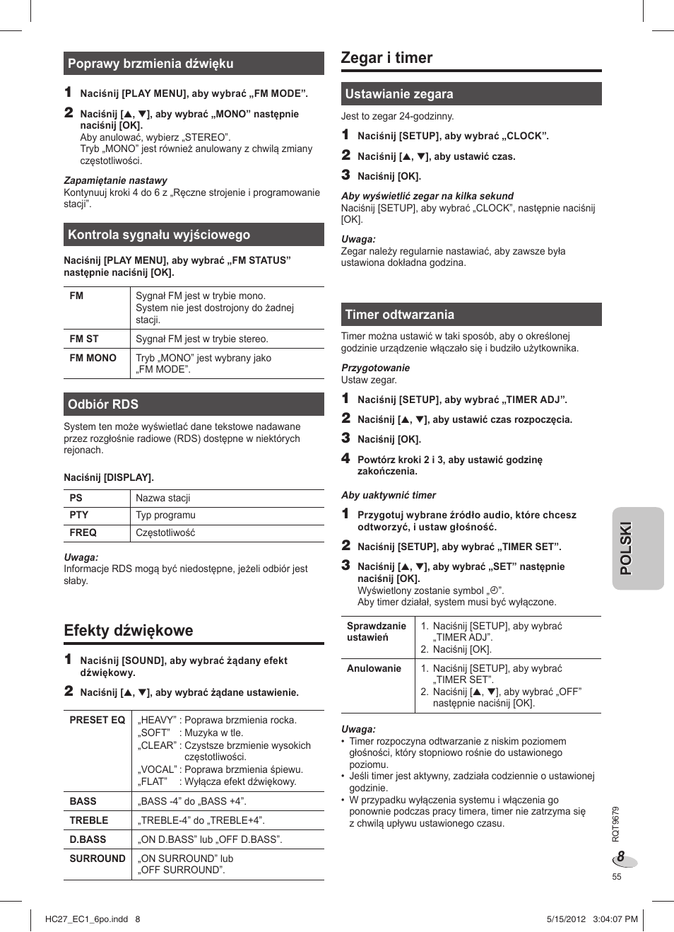 Efekty dźwiękowe, Zegar i timer | Panasonic SCHC27 User Manual | Page 55 / 68