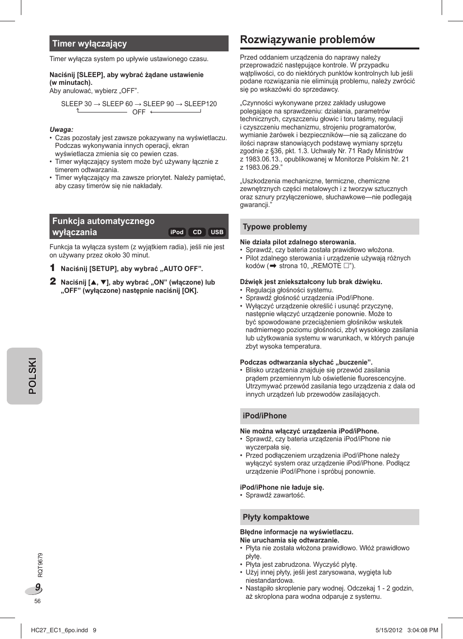 Rozwiązywanie problemów | Panasonic SCHC27 User Manual | Page 56 / 68