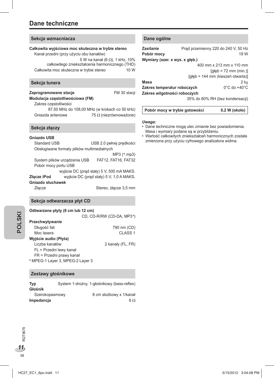 Dane techniczne | Panasonic SCHC27 User Manual | Page 58 / 68