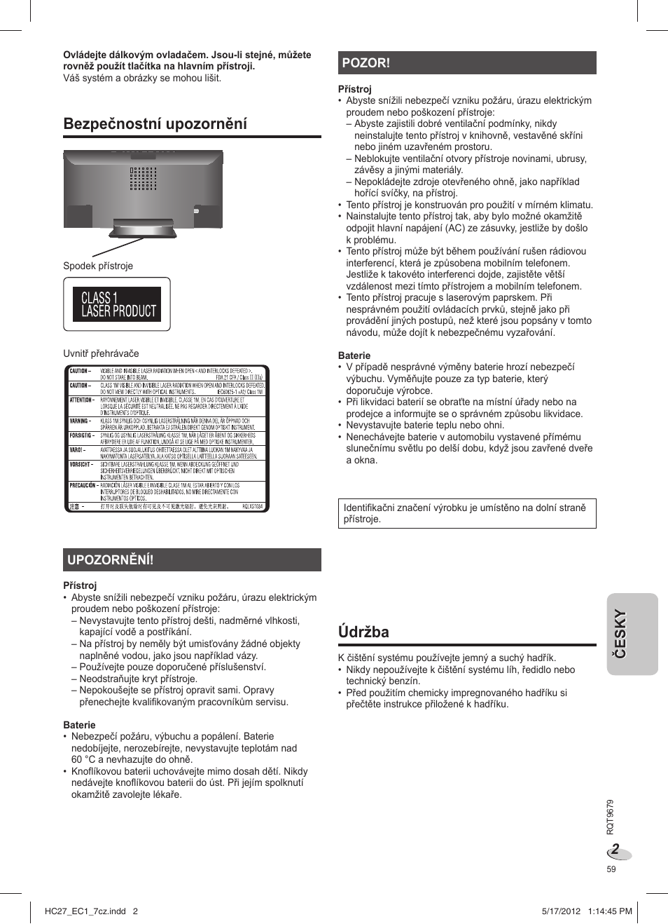 Sc-hc27ec_rqt9679-1e_7cz, Bezpečnostní upozornění, Údržba | Panasonic SCHC27 User Manual | Page 59 / 68