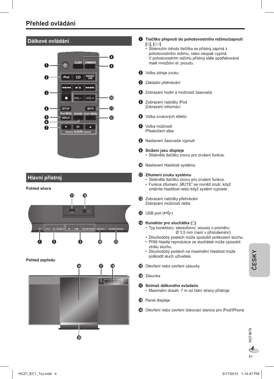 Přehled ovládání, Dálkové ovládání, Hlavní přístroj | Panasonic SCHC27 User Manual | Page 61 / 68
