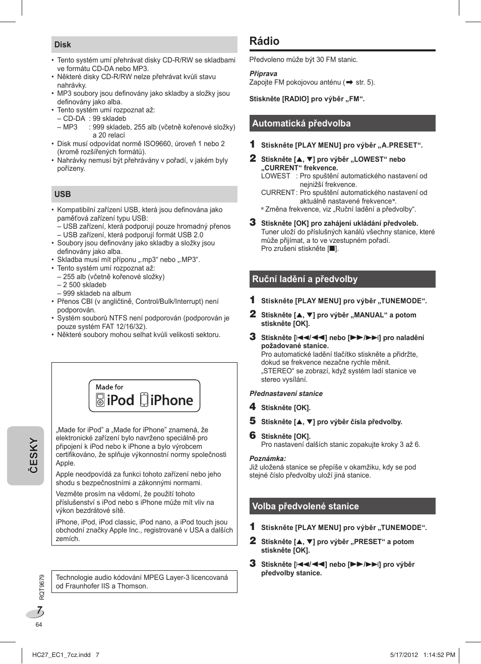 Rádio | Panasonic SCHC27 User Manual | Page 64 / 68
