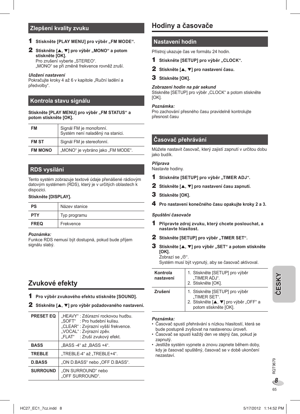 Zvukové efekty, Hodiny a časovače | Panasonic SCHC27 User Manual | Page 65 / 68
