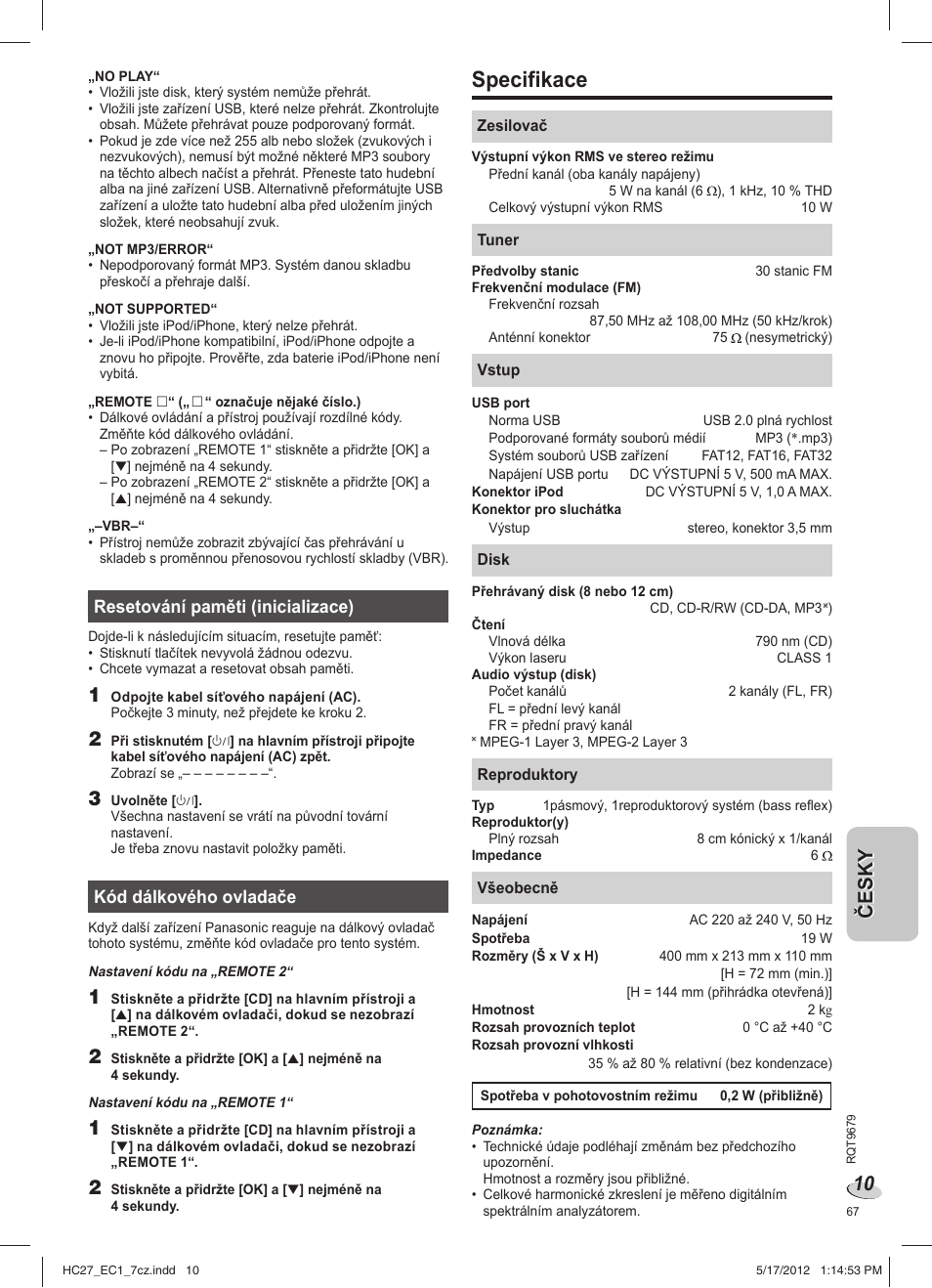Specifikace | Panasonic SCHC27 User Manual | Page 67 / 68