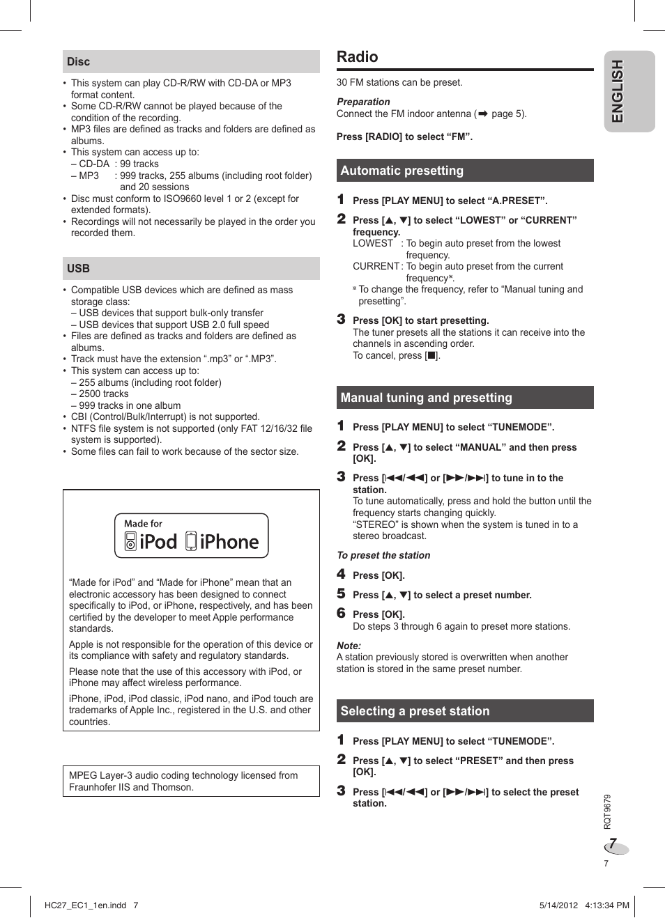 Radio, En g l is h english | Panasonic SCHC27 User Manual | Page 7 / 68