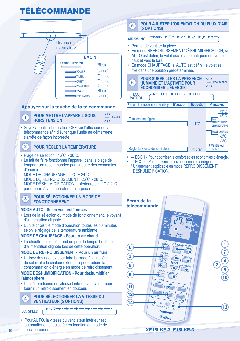 Télécommande | Panasonic CSE15LKE3 User Manual | Page 10 / 36