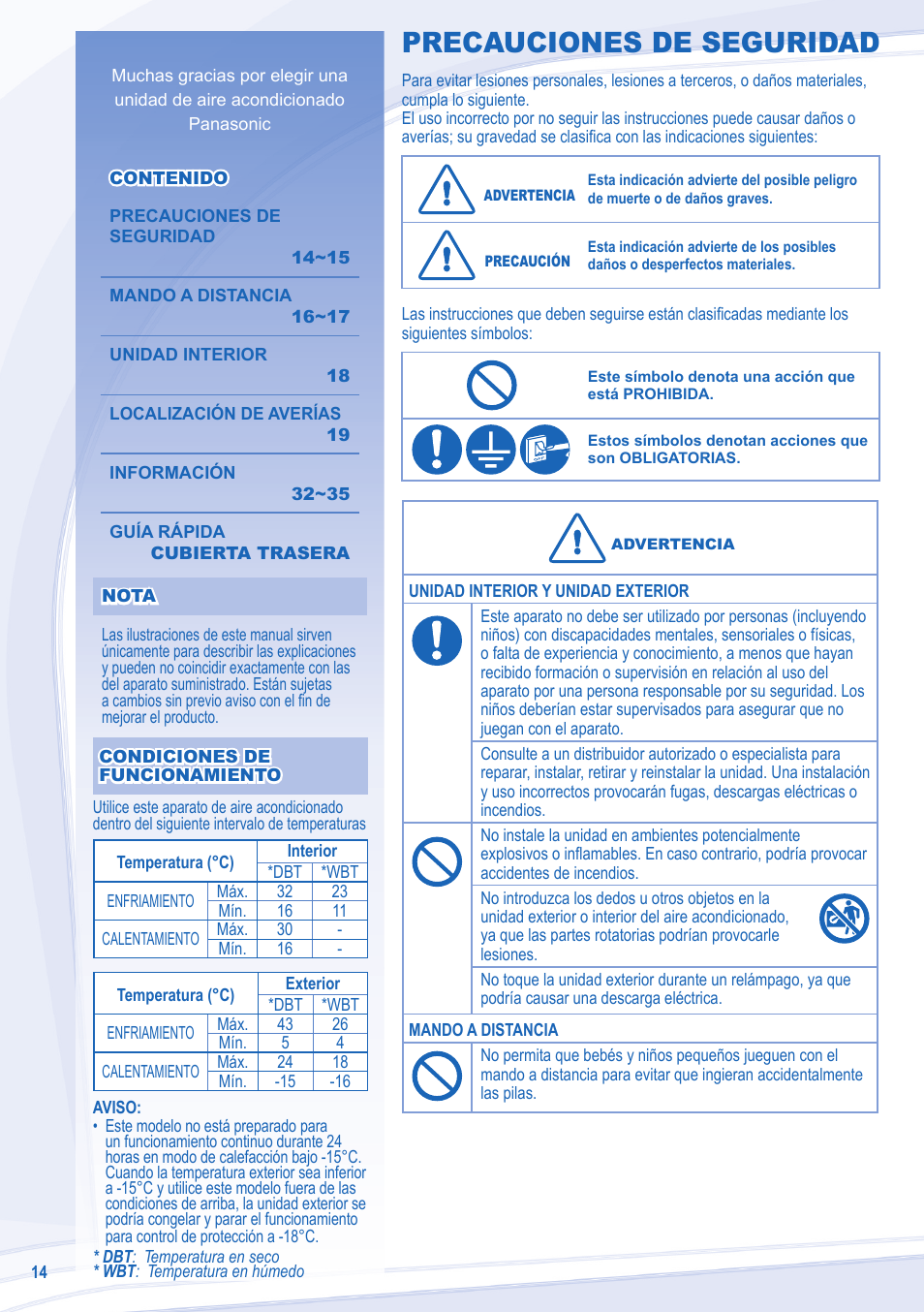 Precauciones de seguridad | Panasonic CSE15LKE3 User Manual | Page 14 / 36