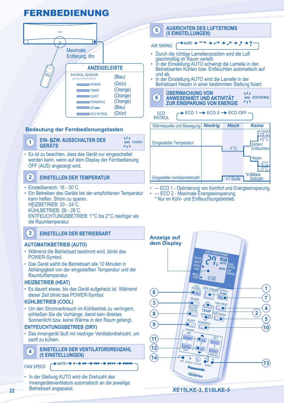 Fernbedienung | Panasonic CSE15LKE3 User Manual | Page 22 / 36