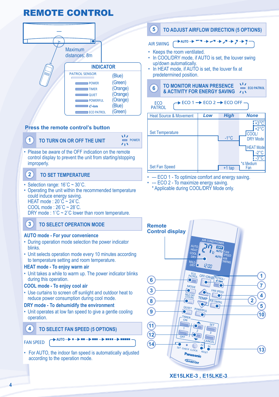 Remote control | Panasonic CSE15LKE3 User Manual | Page 4 / 36