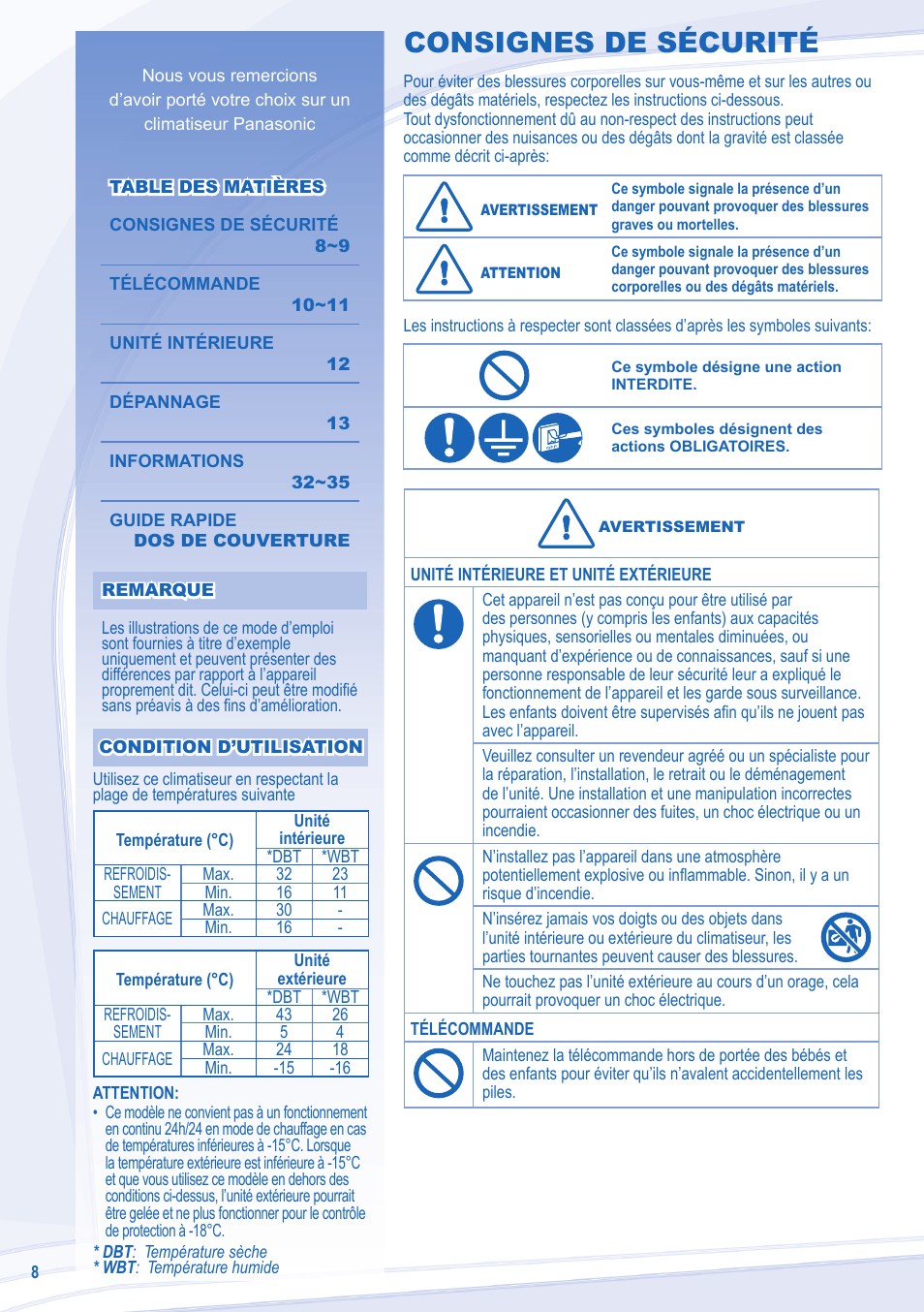 Consignes de sécurité | Panasonic CSE15LKE3 User Manual | Page 8 / 36