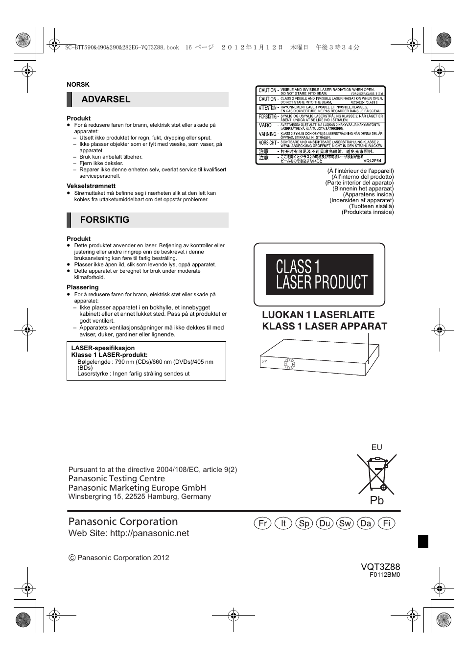 Panasonic corporation, Vqt3z88, Advarsel forsiktig | Panasonic SCBTT290EGK User Manual | Page 100 / 100
