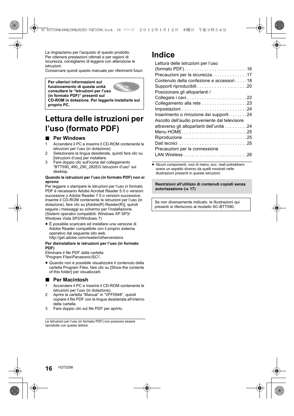 Lettura delle istruzioni per l’uso (formato pdf), Indice | Panasonic SCBTT290EGK User Manual | Page 16 / 100