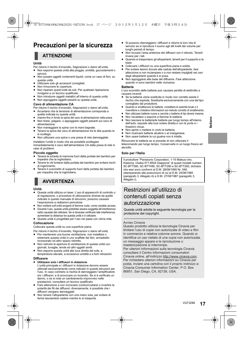 Precauzioni per la sicurezza, Attenzione avvertenza | Panasonic SCBTT290EGK User Manual | Page 17 / 100