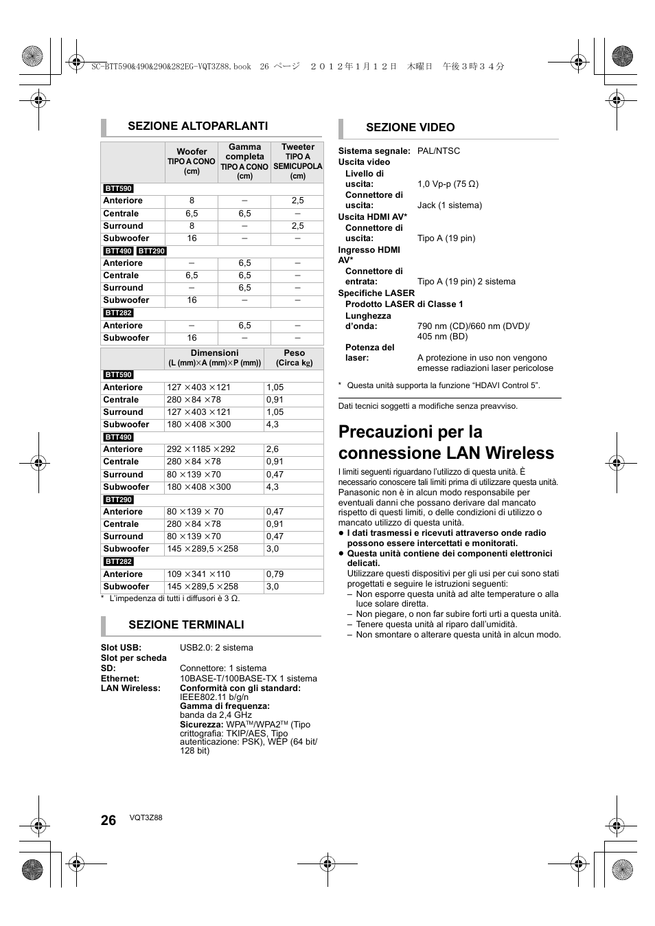 Precauzioni per la connessione lan wireless, Sezione altoparlanti, Sezione terminali | Sezione video | Panasonic SCBTT290EGK User Manual | Page 26 / 100