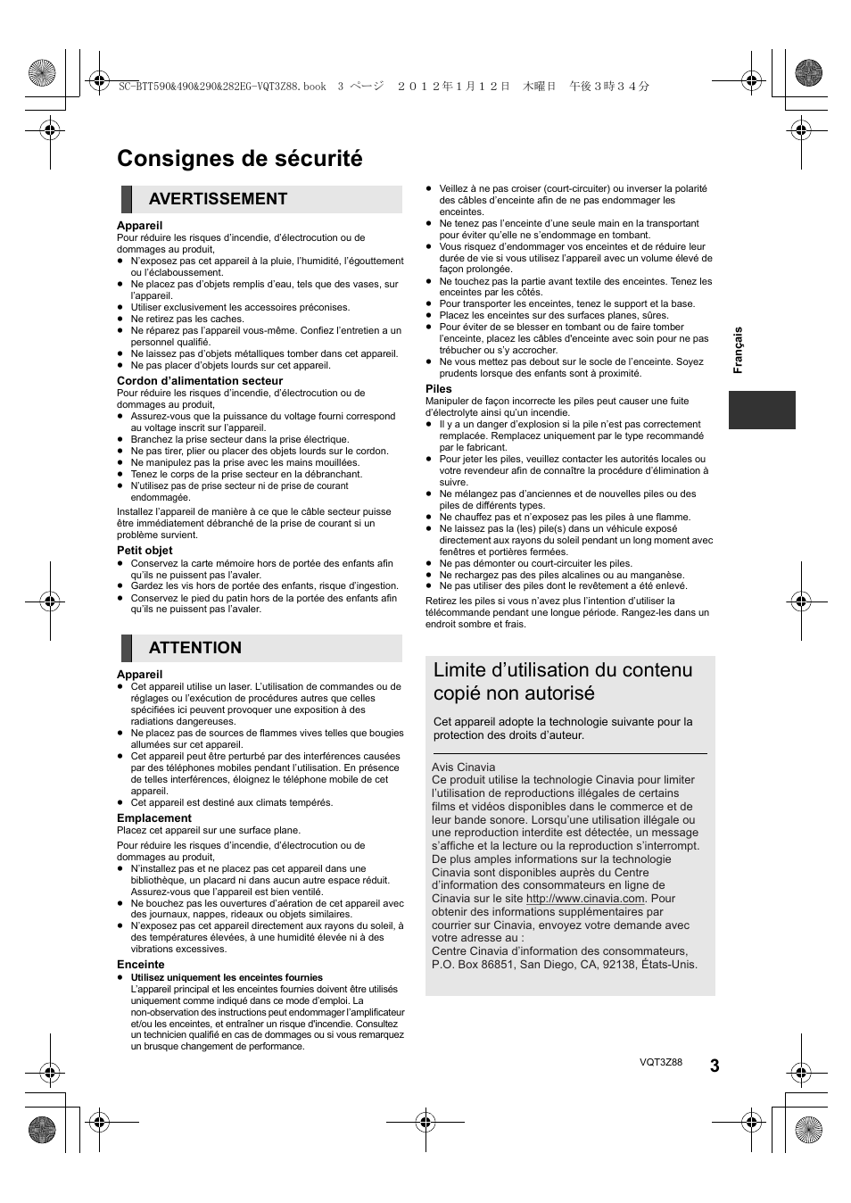Consignes de sécurité, Limite d’utilisation du contenu copié non autorisé, Avertissement attention | Panasonic SCBTT290EGK User Manual | Page 3 / 100