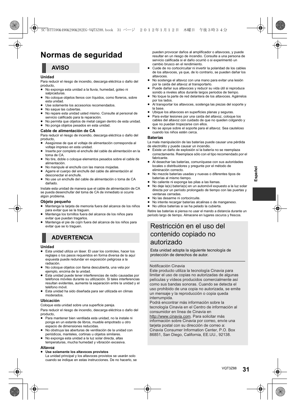 Normas de seguridad, Aviso advertencia | Panasonic SCBTT290EGK User Manual | Page 31 / 100