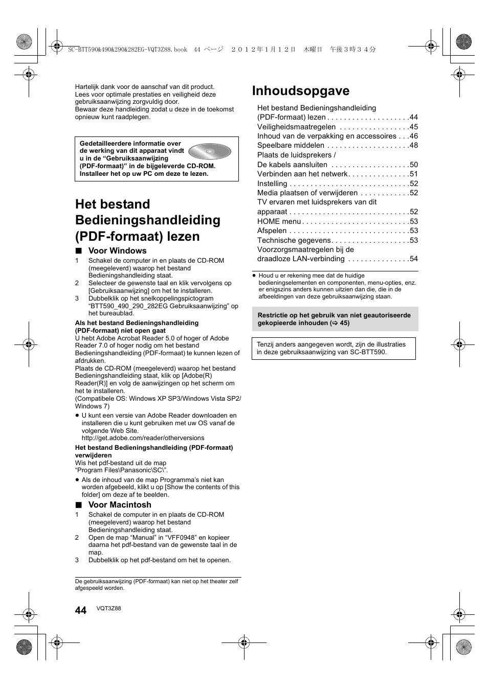 Inhoudsopgave | Panasonic SCBTT290EGK User Manual | Page 44 / 100