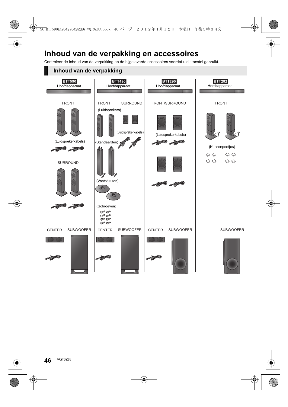 Inhoud van de verpakking en accessoires, Inhoud van de verpakking | Panasonic SCBTT290EGK User Manual | Page 46 / 100