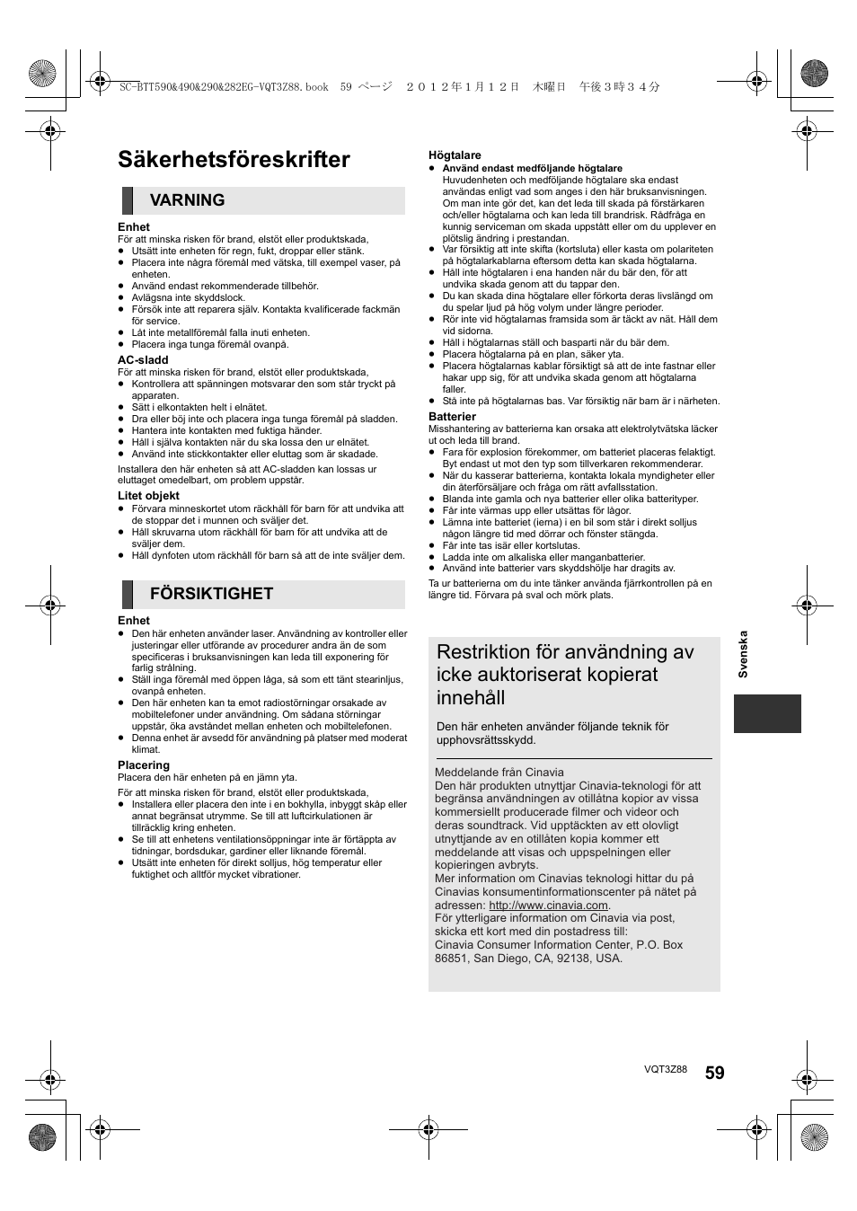 Säkerhetsföreskrifter, Varning försiktighet | Panasonic SCBTT290EGK User Manual | Page 59 / 100