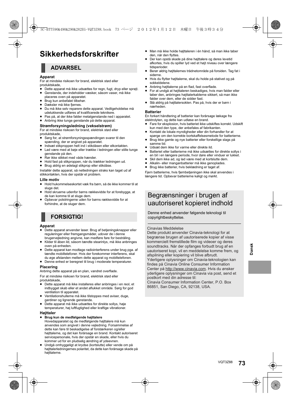 Sikkerhedsforskrifter, Advarsel forsigtig | Panasonic SCBTT290EGK User Manual | Page 73 / 100