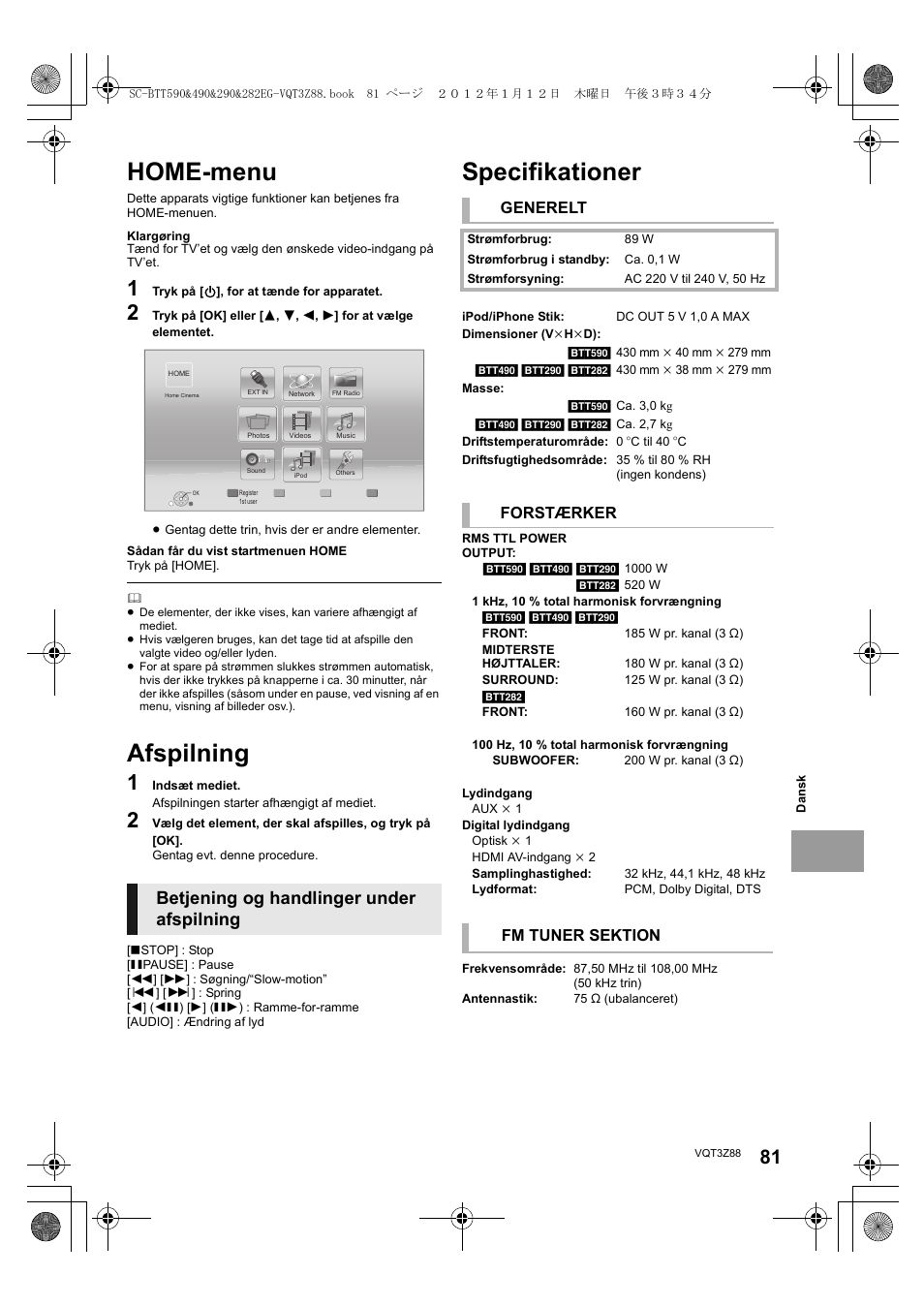 Home-menu, Afspilning, Specifikationer | Betjening og handlinger under afspilning, Generelt, Forstærker, Fm tuner sektion | Panasonic SCBTT290EGK User Manual | Page 81 / 100