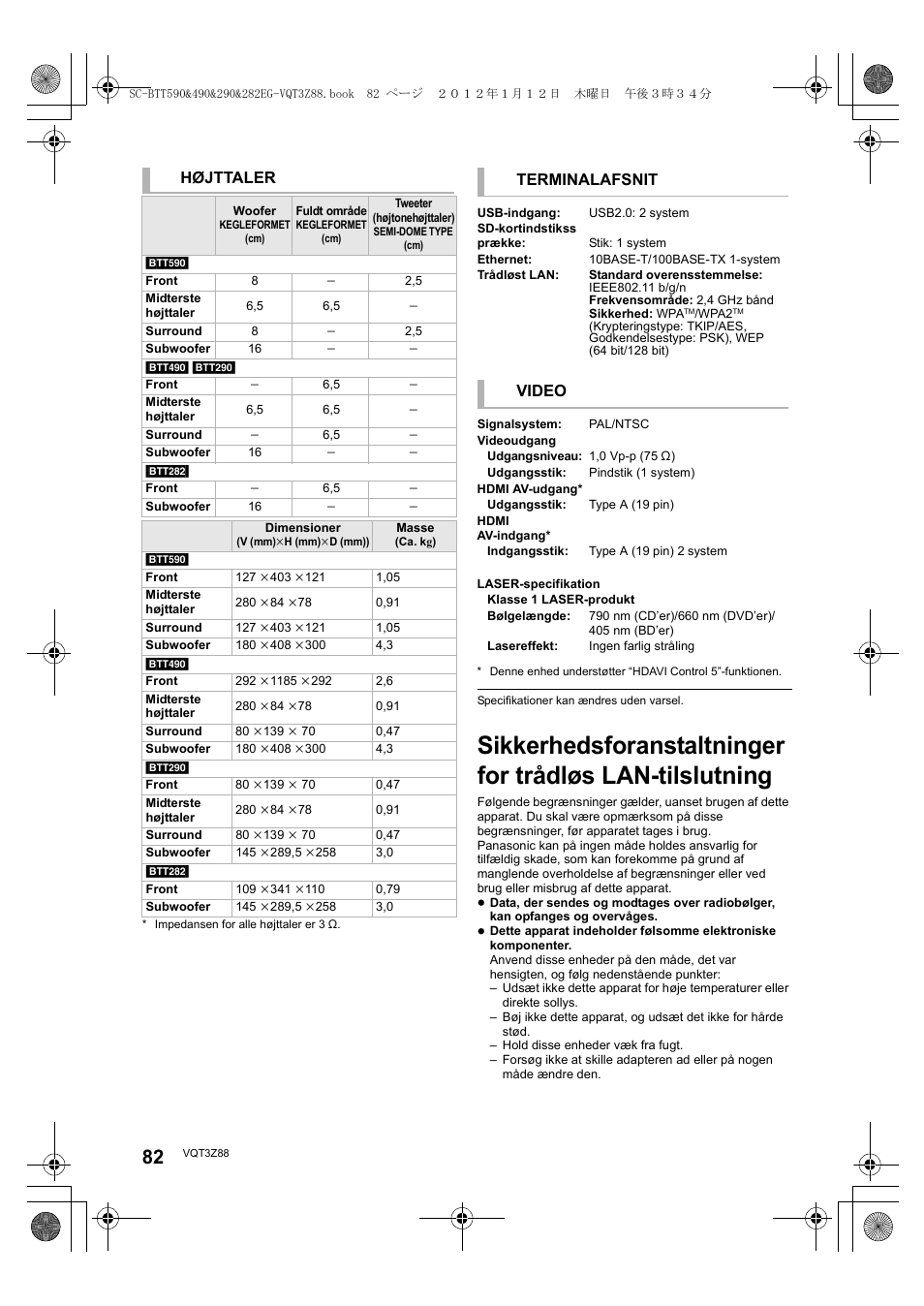 Højttaler, Terminalafsnit, Video | Panasonic SCBTT290EGK User Manual | Page 82 / 100