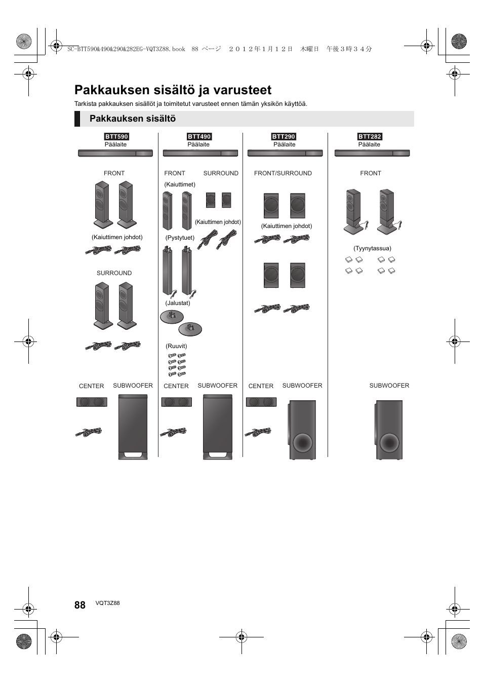 Pakkauksen sisältö ja varusteet, Pakkauksen sisältö | Panasonic SCBTT290EGK User Manual | Page 88 / 100