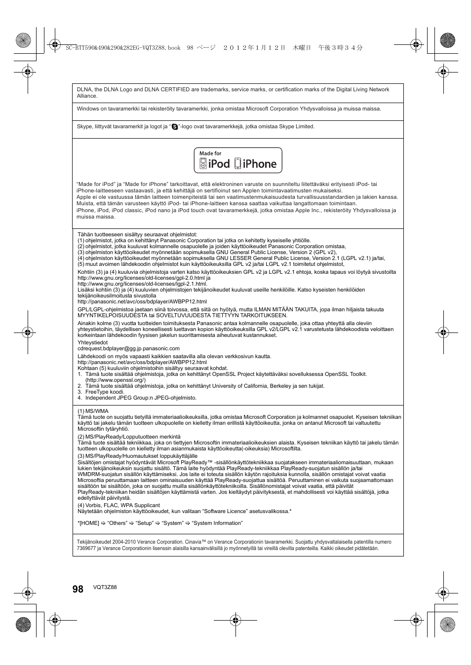 Panasonic SCBTT290EGK User Manual | Page 98 / 100