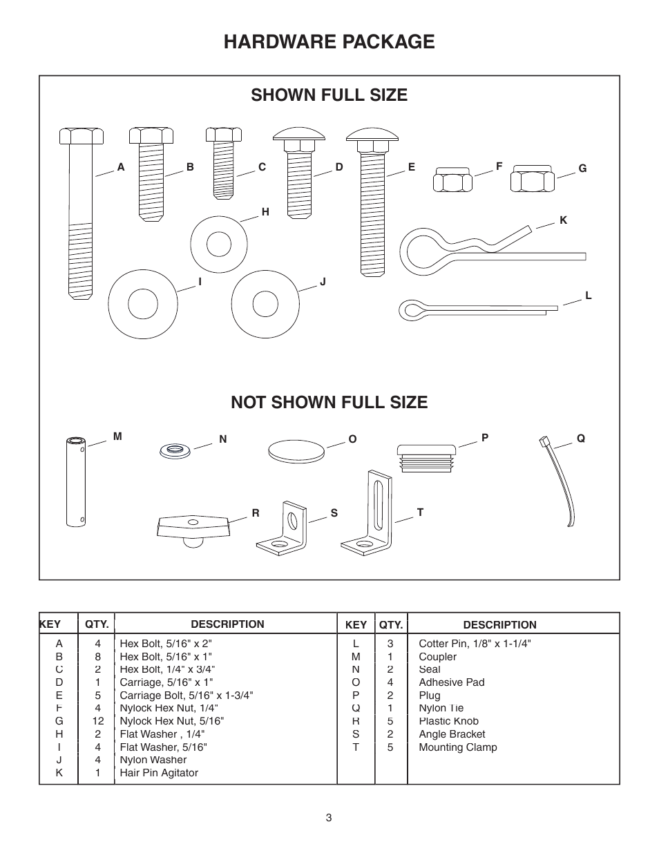 Hardware package, Shown full size not shown full size | Agri-Fab 45-0324 User Manual | Page 3 / 12