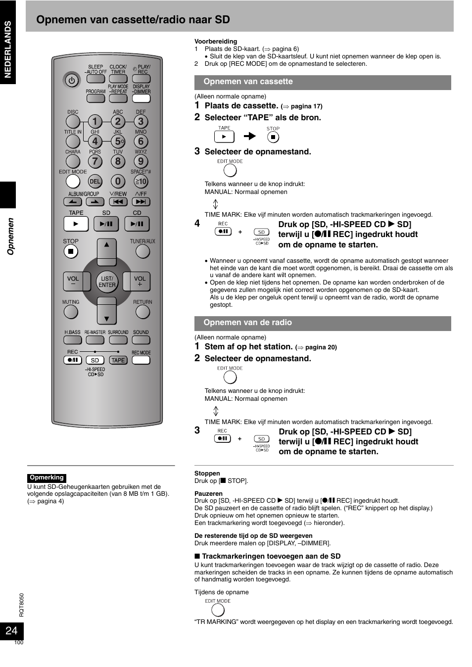 Opnemen van cassette/radio naar sd | Panasonic SCPM71SD User Manual | Page 100 / 192