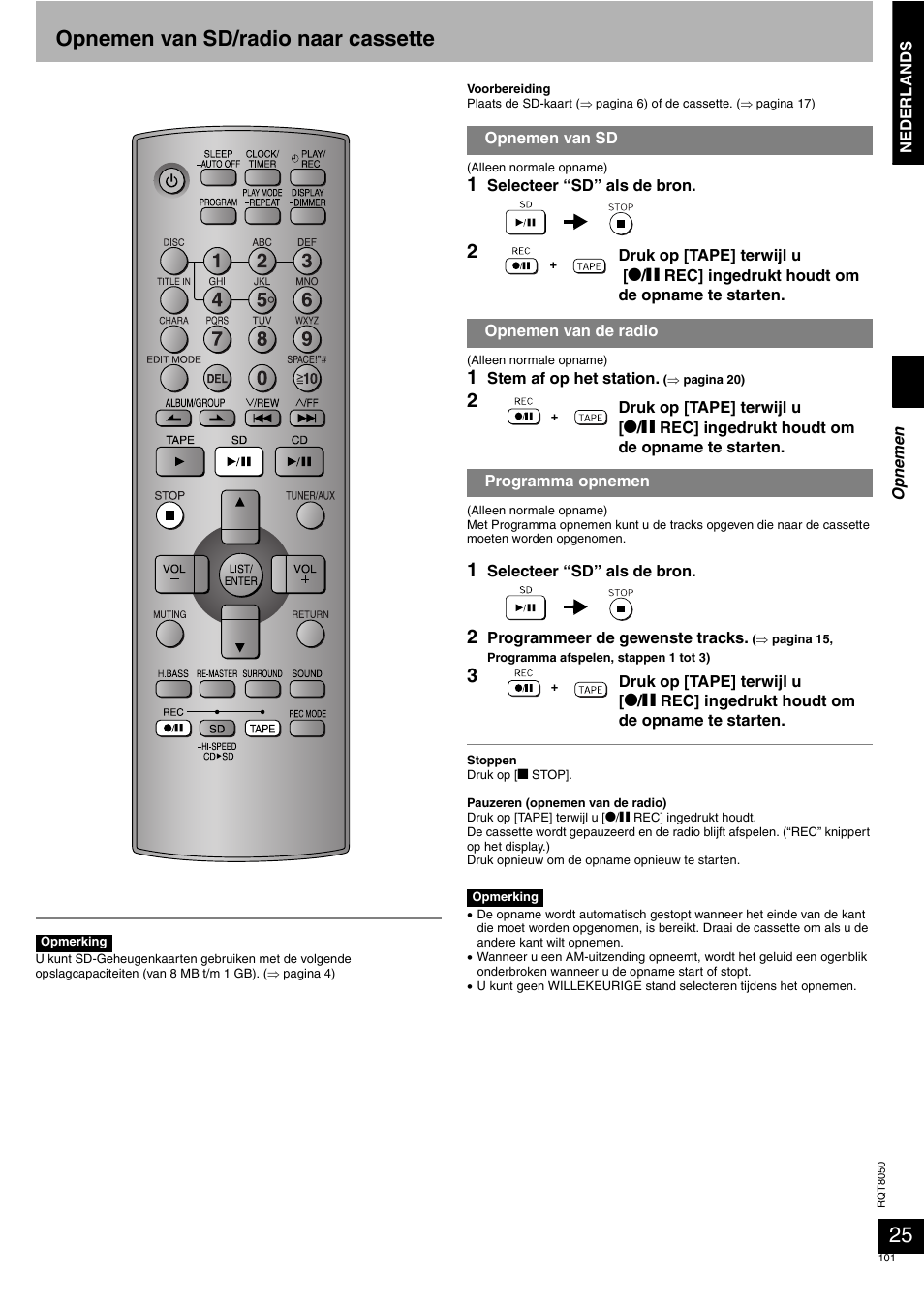 Opnemen van sd/radio naar cassette | Panasonic SCPM71SD User Manual | Page 101 / 192