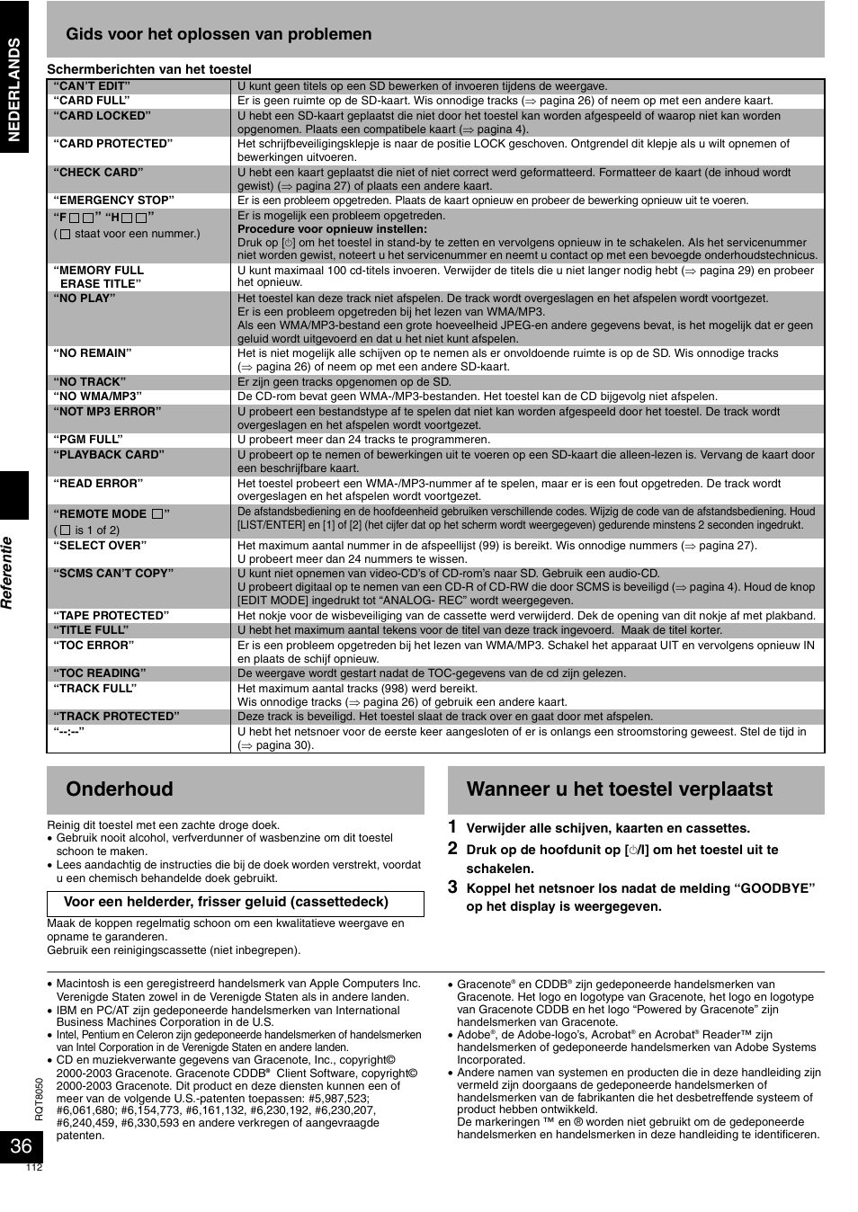 Onderhoud, Wanneer u het toestel verplaatst, Gids voor het oplossen van problemen | Nederlands, Ref er en ti e | Panasonic SCPM71SD User Manual | Page 112 / 192