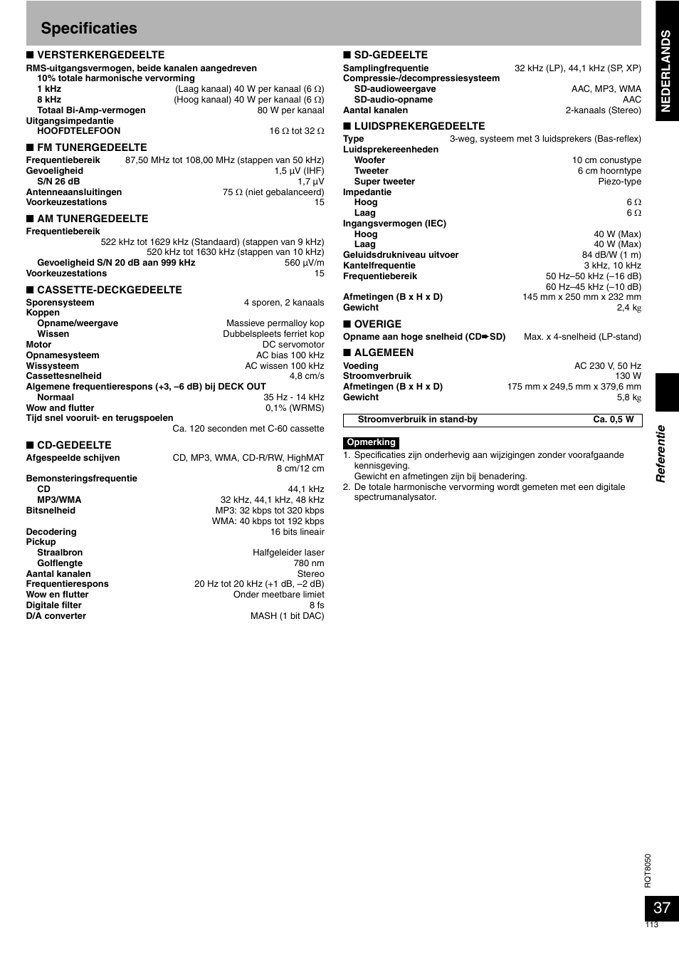 Specificaties, Nederlands, Re fe re nti e | Panasonic SCPM71SD User Manual | Page 113 / 192