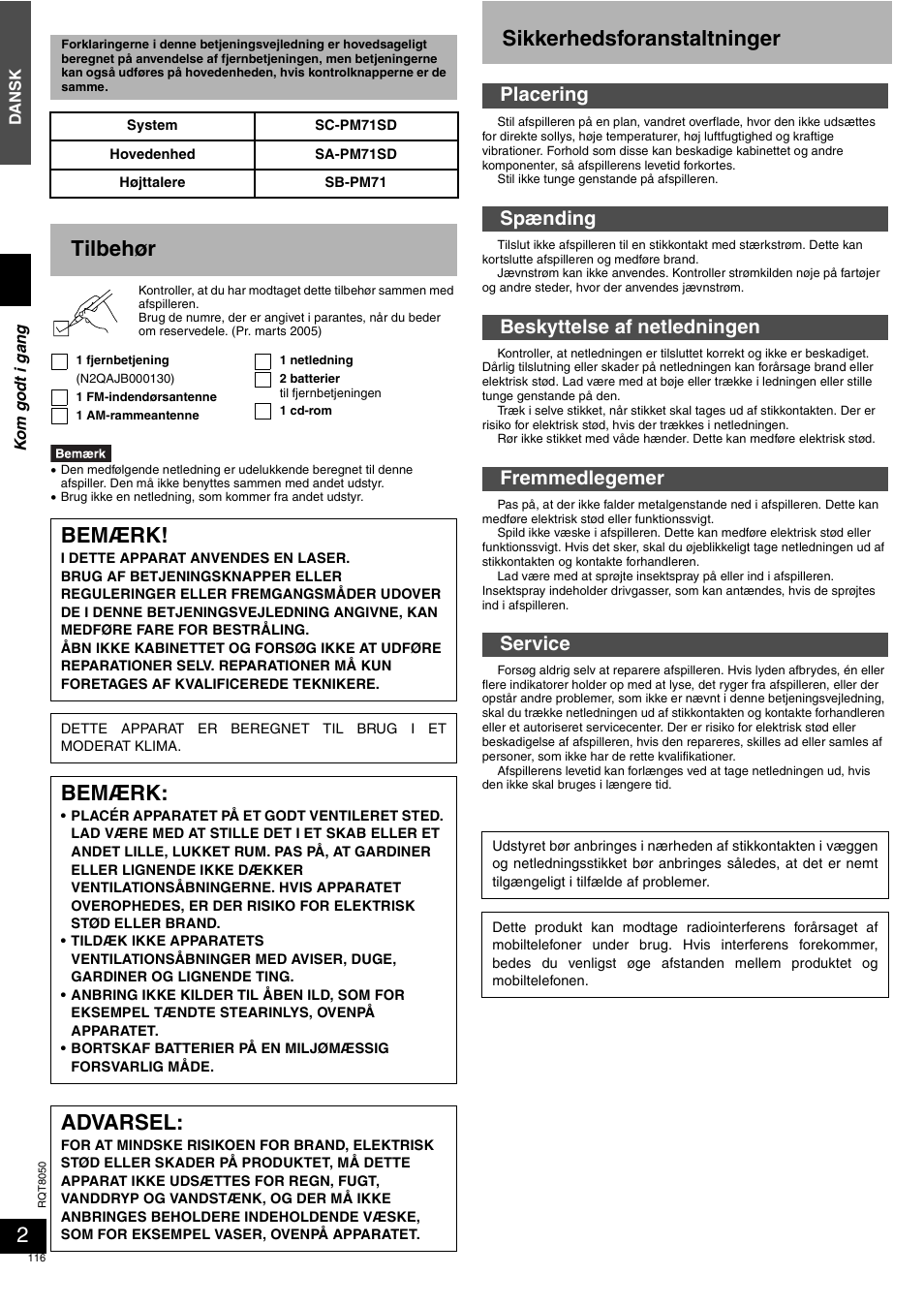 Sikkerhedsforanstaltninger, Tilbehør, Bemærk | Advarsel | Panasonic SCPM71SD User Manual | Page 116 / 192