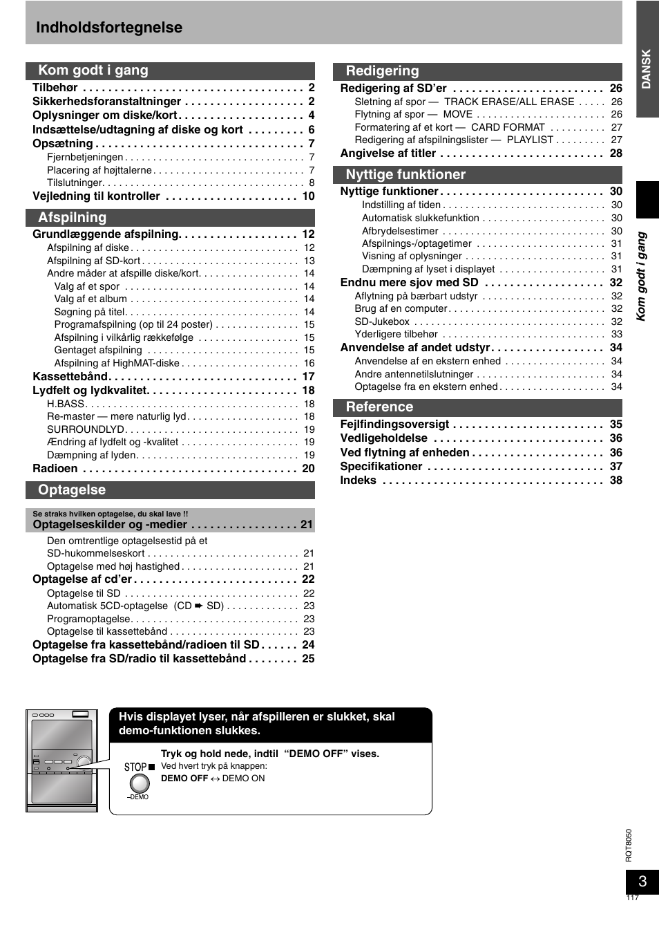 Indholdsfortegnelse, Kom godt i gang afspilning optagelse, Redigering nyttige funktioner reference | Panasonic SCPM71SD User Manual | Page 117 / 192